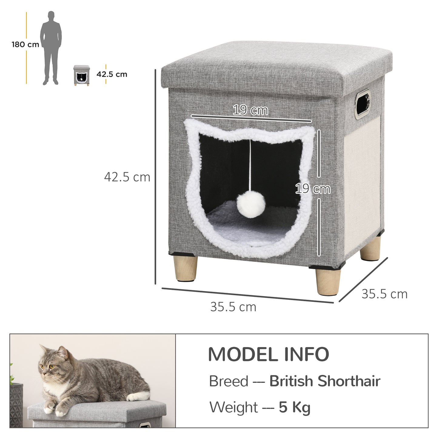PawHut Cat House Ottoman with Scratcher & Cushion – Grey & Cream