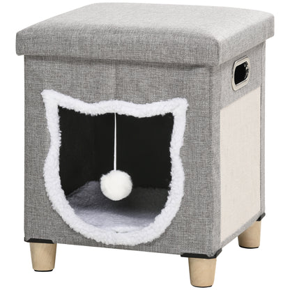 PawHut Cat House Ottoman with Scratcher & Cushion – Grey & Cream