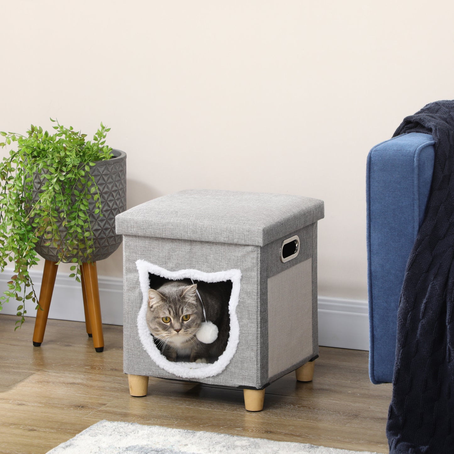 PawHut Cat House Ottoman with Scratcher & Cushion – Grey & Cream
