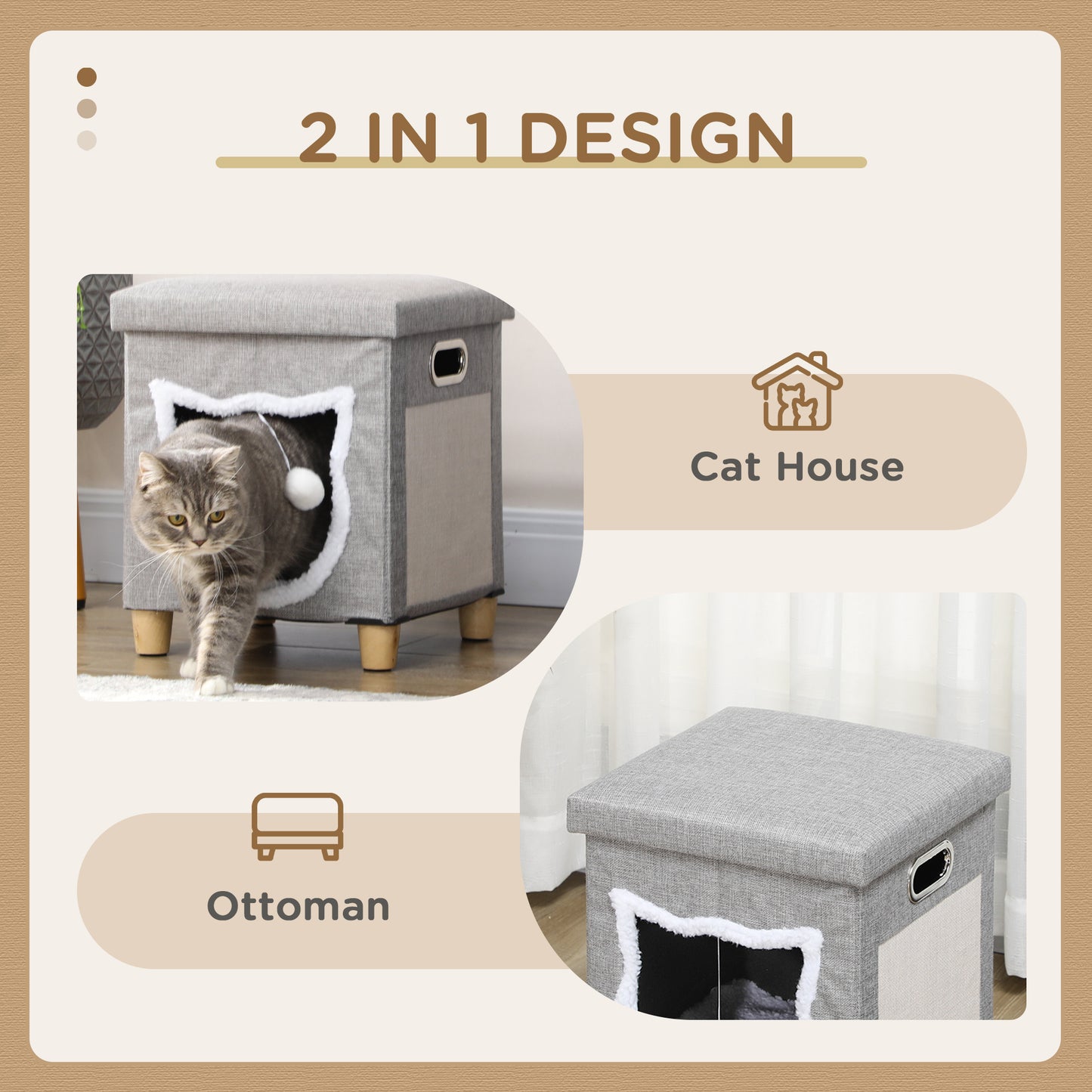 PawHut Cat House Ottoman with Scratcher & Cushion – Grey & Cream